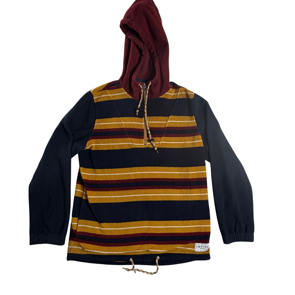 Empyre Mens Small Striped Fleece Quarter Zip Hoodie Navy Mustard Burgundy